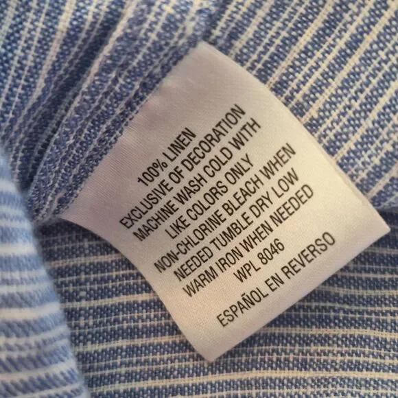 Charter Club Linen Peasant Blouse Top Striped Blue Bell Sleeves Mini Pom Poms XL - Picture 11 of 11